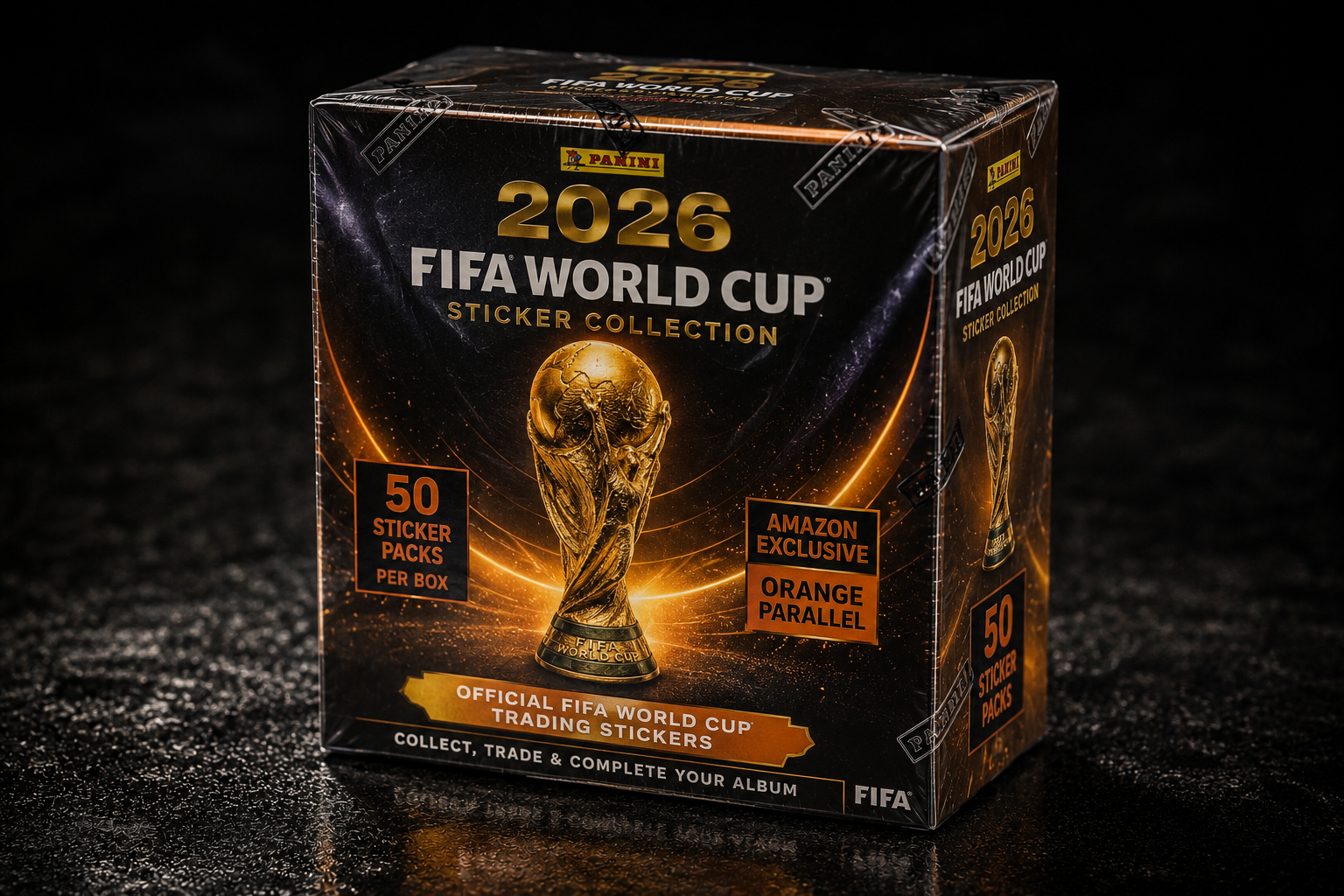2026 Panini FIFA World Cup Sticker Collection Box | 50 Packs | Amazon Exclusive Orange Parallel | Official FIFA Stickers